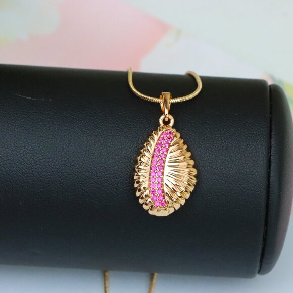 "Rose Gold Textured Pendant with Pink Stone Accent in Leaf Design, XPPT1490 - Picture 7 of 13
